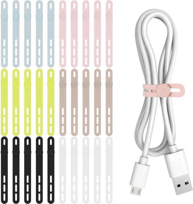 Main image of 30Pcs Silicone Cable Ties - Reusable & Washable with Adjustable Locking Buckle Design High Elasticity Cable Straps for Home Office School Travel Essential Cord Organizer (6 Colors)