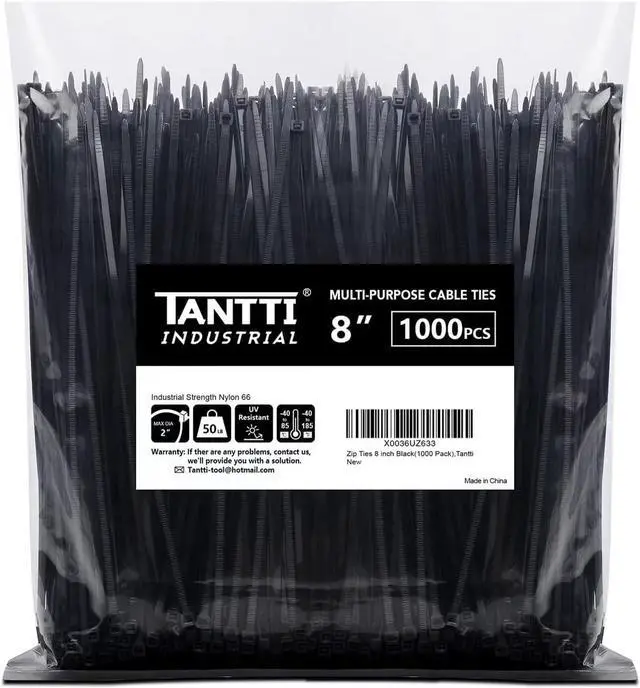 Main image of Zip Ties 8 inch Black Zip Ties 1000 Pack Wire Ties with 50lb Tensile Strength UV Resistant Cable Ties Self-locking Plastic Ties for Indoor and Outdoor Use by Tantti.