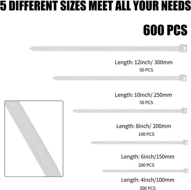 Alt view image 2 of 7 - Cable Zip Ties 600 Piece Self-Locking Nylon CableTies Assorted Sizes 4+6+8+10+12-Inch Multi-Purpose Wire Management Plastic Ties Perfect for Home Garden Office Travel and Workshop.White