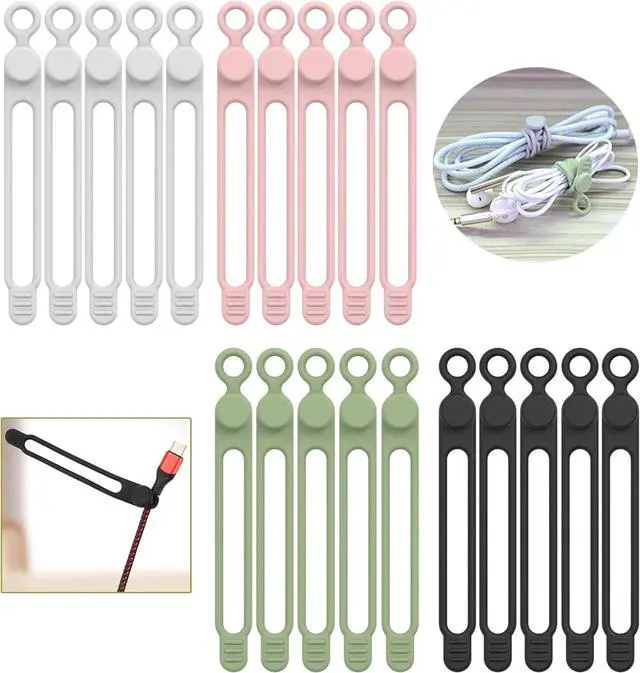 Main image of [20Park]Silicone Cable Ties Reusable Cable Management Organizer Multipurpose Elastic Cord Organizer for Bundling and Fastening Cable Cords Wires(black white pink green)