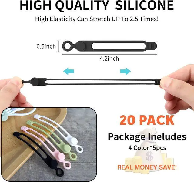 Alt view image 2 of 5 - [20Park]Silicone Cable Ties Reusable Cable Management Organizer Multipurpose Elastic Cord Organizer for Bundling and Fastening Cable Cords Wires(black white pink green)
