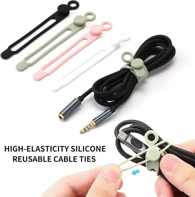 Alt view image 3 of 5 - [20Park]Silicone Cable Ties Reusable Cable Management Organizer Multipurpose Elastic Cord Organizer for Bundling and Fastening Cable Cords Wires(black white pink green)