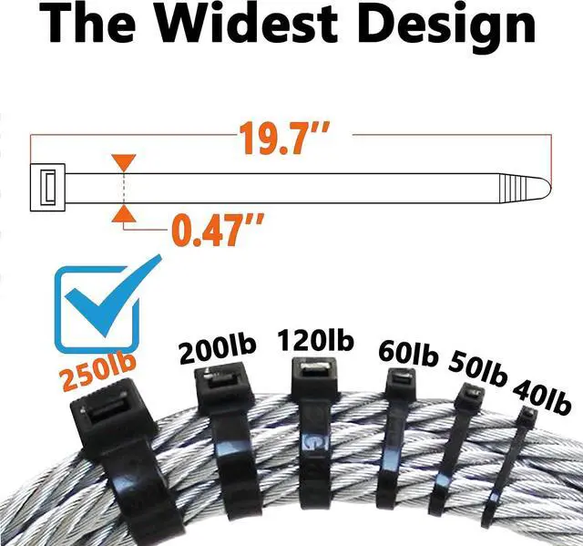 Alt view image 2 of 5 - Black Zip Ties Heavy Duty 20 Inch Outdoor 250lb Extra Large Cable Tie Wraps Long Plastic Wire Ties Wide Big Strong Thick Zipties 40 Pack