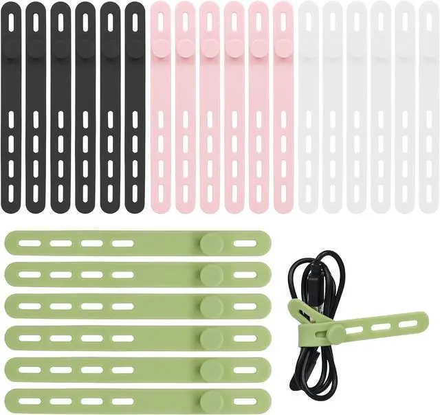 Main image of 24Pcs Silicone Cable Ties - Reusable & Washable with Locking Buckle Design Adjustable Fastening Cable Straps Multi-Purpose High Elasticity Cord Organizer (4 Colors)
