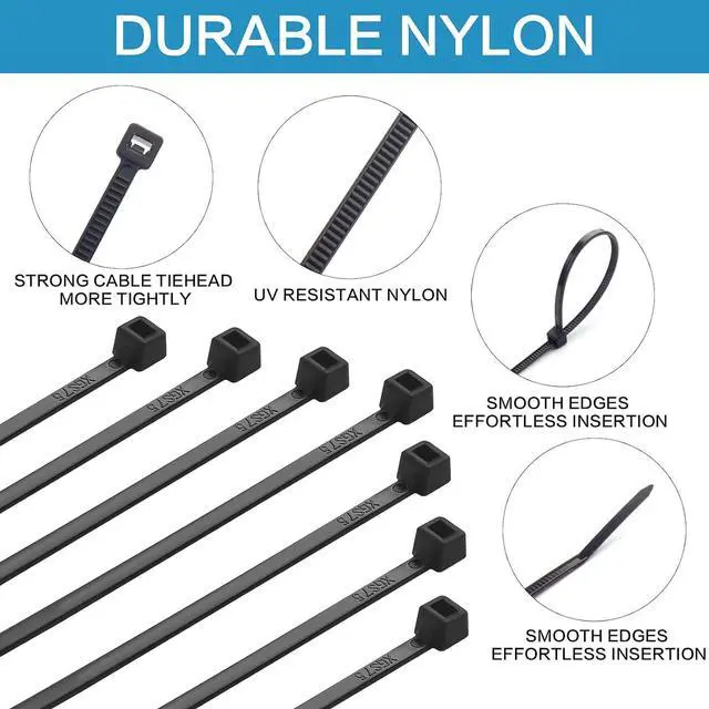 Alt view image 3 of 7 - 1000 Pcs Zip Ties 6 Inch Self-Locking Nylon Cable Ties Premium Heavy Duty Plastic Wire Ties Wraps for Indoor and Outdoor (Black)