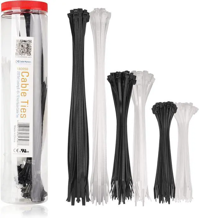 Main image of 200-Pack Cable Ties for Indoor and Outdoor 6 8 12-Inch Self-Locking Nylon Zip Ties Assorted Sizes Wire Ties Tie Wraps for Multiple Use Self Locking Zipties in Black and White
