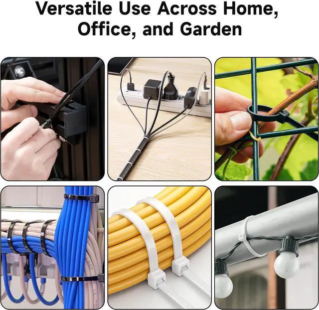 Alt view image 3 of 7 - 200-Pack Cable Ties for Indoor and Outdoor 6 8 12-Inch Self-Locking Nylon Zip Ties Assorted Sizes Wire Ties Tie Wraps for Multiple Use Self Locking Zipties in Black and White