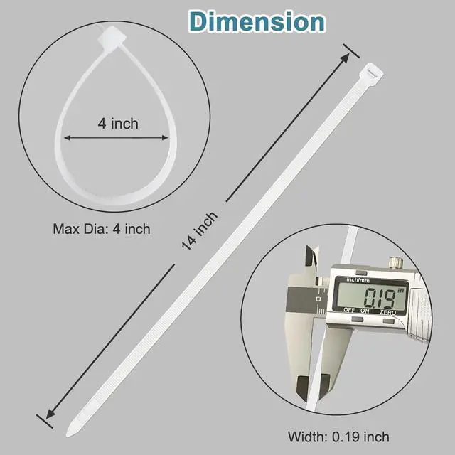Alt view image 2 of 6 - White Zip Ties 14 inch (100 Pack) Clear 50 lb UV Resistant Cable Ties for Outdoor Use