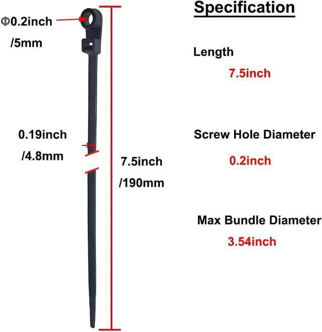 Alt view image 3 of 6 - Plastic Ties with Screw Holes (100 Pack) 7.5 Inch Mount Head Electrical Zip Ties 50 LBS UV Black