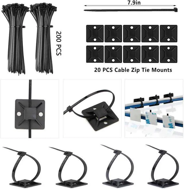 Alt view image 7 of 7 - 300PCS Cable Management Kit 4 Cable Sleeve 35 Cable Clips with 11Cord Holders 20 Roll Cable Organizer Straps and 200 Fastening Cable Ties 20 Cable Zip Tie Mounts for Computer TV Under Desk