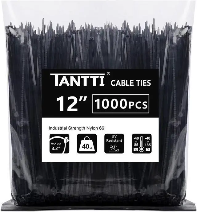 Main image of Zip Ties 12 inch Black Zip Ties 1000 pack 40lb Cable Ties Self-locking Wire ties for indoor and outdoor use by Tantti