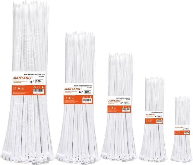 Main image of Zip Ties Assorted Size 6+8+12+14+18 Inch Double Sided Toothed 120 LBS Tensile Strength Heavy Duty Cable Wire Ties Self-Locking Adjustable Durable Nylon Tie Wraps for Indoor Outdoor White500 Pack