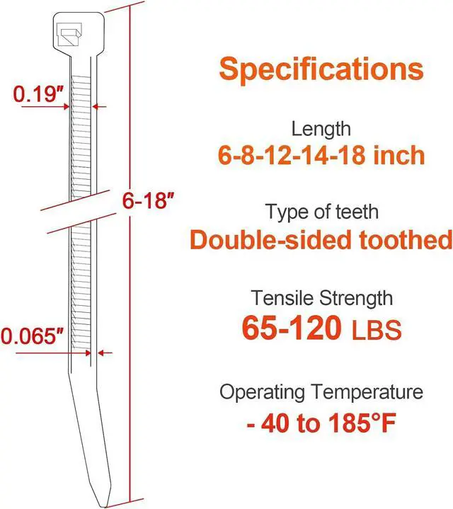 Alt view image 2 of 7 - Zip Ties Assorted Size 6+8+12+14+18 Inch Double Sided Toothed 120 LBS Tensile Strength Heavy Duty Cable Wire Ties Self-Locking Adjustable Durable Nylon Tie Wraps for Indoor Outdoor White500 Pack