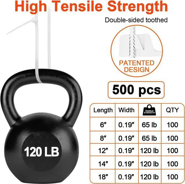 Alt view image 4 of 7 - Zip Ties Assorted Size 6+8+12+14+18 Inch Double Sided Toothed 120 LBS Tensile Strength Heavy Duty Cable Wire Ties Self-Locking Adjustable Durable Nylon Tie Wraps for Indoor Outdoor White500 Pack