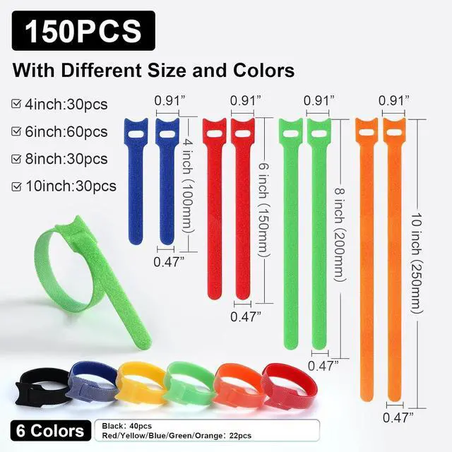 Alt view image 2 of 7 - 150PCS Cable Ties 4+6+8+10 inch Multi-Colour Straps for Cable Management Adjustable Fastening Cord Wraps Multi-Purpose Reusable Hook and Loop for Home Office and Garage