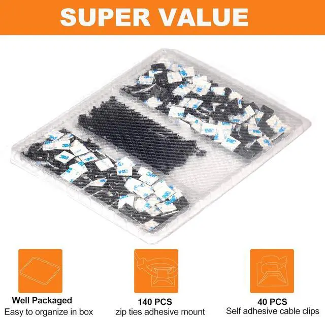 Alt view image 2 of 7 - 140 Pack 3/4 Zip Tie Adhesive Mounts Self Adhesive Cable Base Holders with Multi-Purpose Tie wire clips with screw hole Anchor stick on wire holder Black