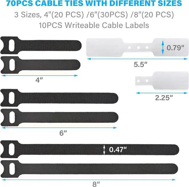 Alt view image 2 of 7 - 70 PCS Reusable Cable Ties with Hook and Loop Multi-purpose Adjustable Cable Management Wire Ties & 10 PCS Cable Labels Cord Organizer for Home Office and Data Centers (4/6/8 Inch Black+Grey)