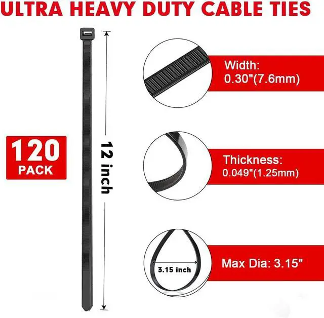 Alt view image 2 of 7 - Zip Ties 120 Pack 12 inch Black Cable Ties Heavy Duty Plastic Wire Ties with 100 lb Tensile Strength Black Nylon Zip Ties for Indoor and Outdoor