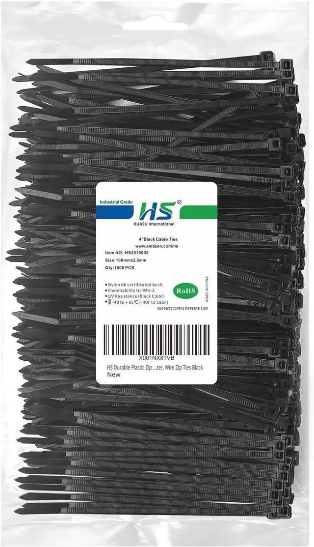 Main image of Durable Plastic Zip Ties 4 Inch (Bulk-1000 Pack) Small Tie Wraps Thin 18 Lbs Self-Locking Nylon Cable Ties for Electronics Organizer Wire Zip Ties UV Rated Black