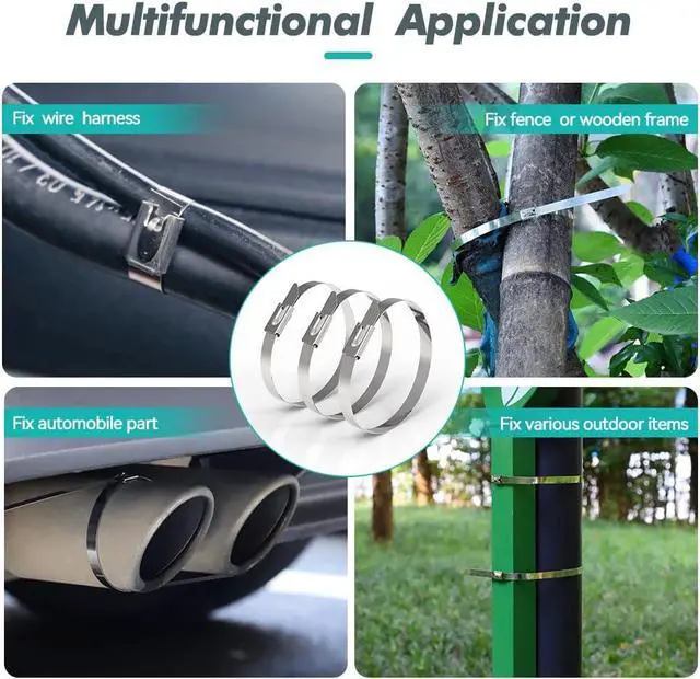 Alt view image 2 of 5 - Metal Zip Ties 11.8 inch 100pcs 304 Stainless Steel Locking Cable 250LB 300mm Heavy Duty Exhaust Wrap Multi Purpose Binding for machinery vehicles farms cables pipes Fence