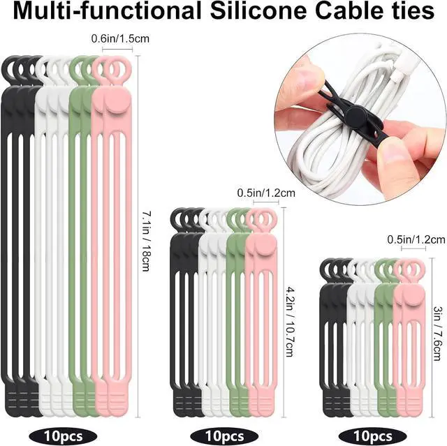 Alt view image 2 of 7 - 30Pcs Cord Organizer Silicone Cable Ties Reusable Cord Ties for Electronics Multipurpose Elastic Wire Ties Travel Essentials for Cable Organizer Wire Organizers for Fastening Cords