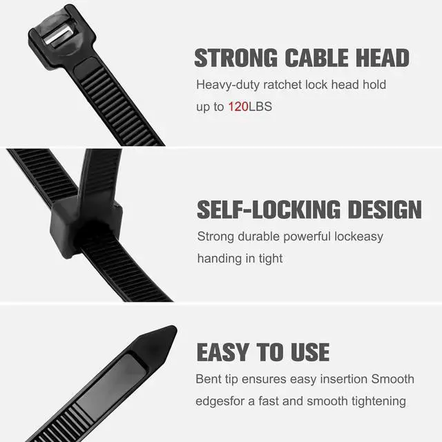 Alt view image 6 of 7 - Zip Ties 12 inch Heavy Duty Cable Ties with 120 Pounds Tensile StrengthBlack Zip Ties100 Pack Wire Ties for Indoor and Outdoor Use.