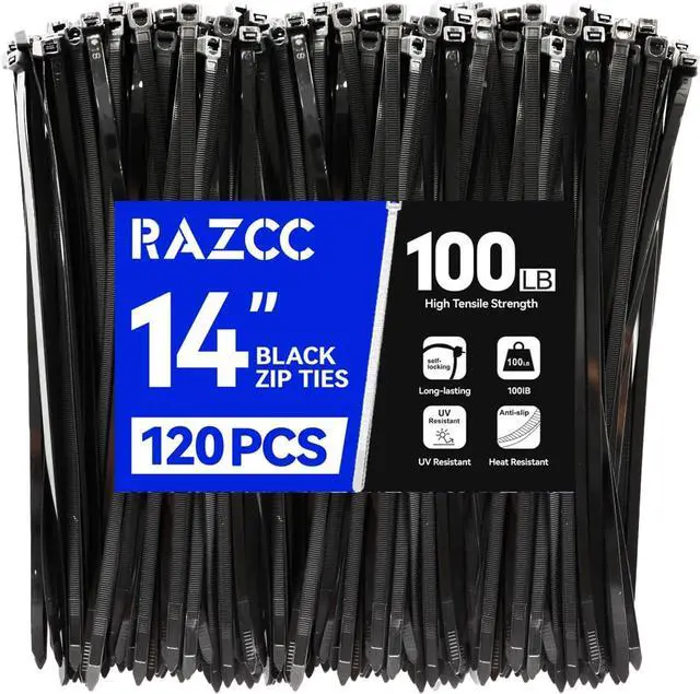 Main image of Zip Ties 120 Pack 14 inch Black Cable Ties Heavy Duty Plastic Wire Ties with 100 lb Tensile Strength Black Nylon Zip Ties for Indoor and Outdoor