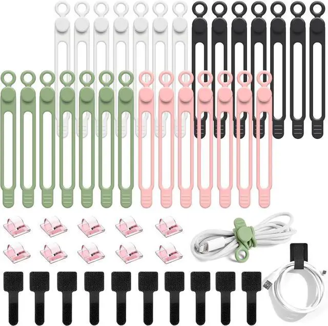 Main image of 48Pcs Silicone Cable Ties Elastic Cord Ties for Cable Organizer Reusable Wire Management Cord Organizer Essentials Multipurpose Cable Management for Travel/Portable/Office/Home Desk