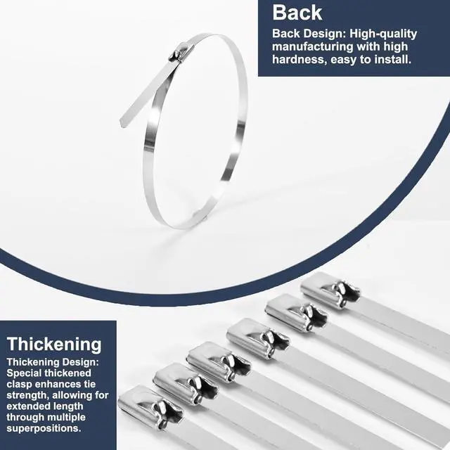 Alt view image 4 of 7 - 100-Pack Metal Zip Ties 11.8 inch Heavy Duty 304 Stainless Steel Self-Locking Cable Ties for Outdoor Use Multifunctional Cable Ties for Exhaust Wrap Chain Link Fence Parts Farms Pipes