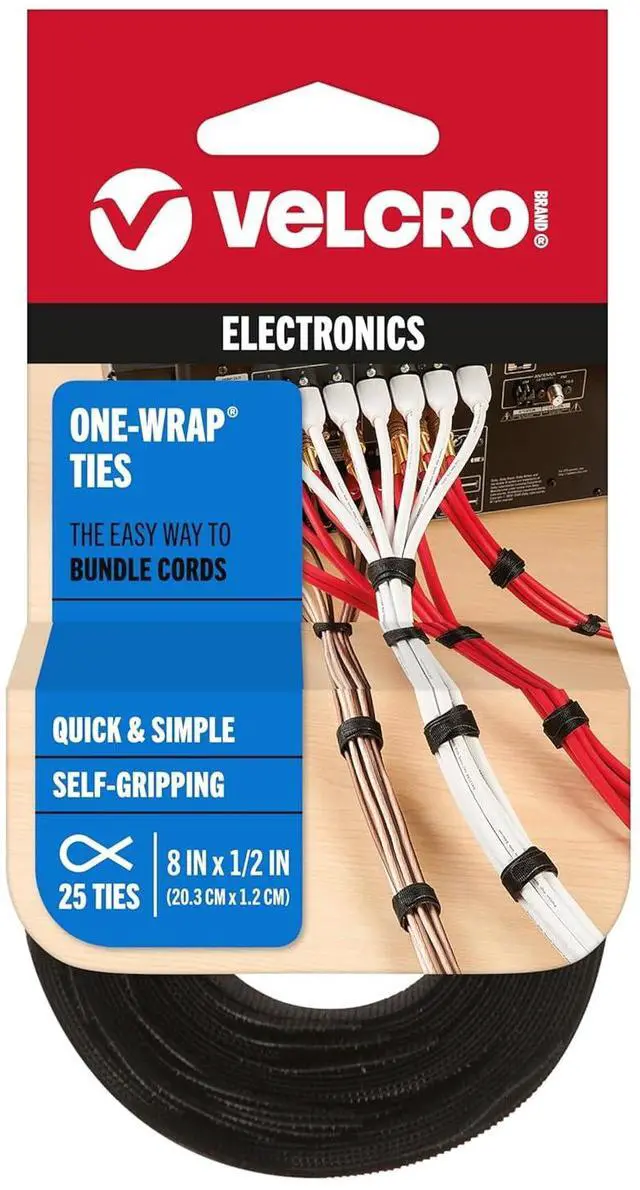 Main image of ONE-WRAP Cable Ties | 25Pk | 8 x 1/2 Black Cord Organization Straps | Thin Pre-Cut Design | Wire Management for Organizing Home Office and Data Centers