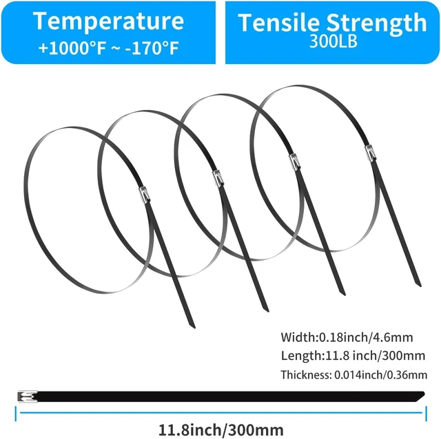 Alt view image 2 of 6 - 11.8 Inch Metal Zip Ties (200 Pack) 304 Stainless Steel Heavy Duty Zip Ties 300lbs Tensile Strength Multi-Purpose Self-locking Cable Ties for Exhaust Wrap Outdoor and Canopy Etc