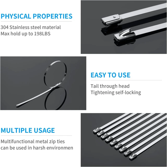 Alt view image 4 of 6 - 11.8 Inch Metal Zip Ties (200 Pack) 304 Stainless Steel Heavy Duty Zip Ties 300lbs Tensile Strength Multi-Purpose Self-locking Cable Ties for Exhaust Wrap Outdoor and Canopy Etc