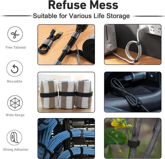 Alt view image 3 of 7 - 164ft x 1/2 inch Reusable Fastening Cable Ties Hook and Loop Roll Self-Gripping Bundling Straps for Cord Manage Home Office Electrical Cords Data Center Black 2 Roll
