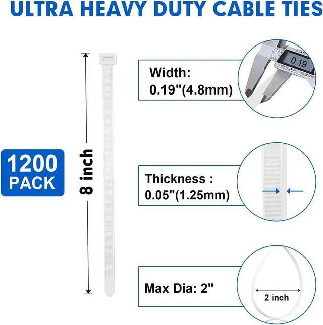 Alt view image 2 of 7 - Zip Ties 1200pcs Cable Zip Ties 8 Inch Heavy Duty White Plastic Wire Ties with 50lb Tensile Strength Self-Locking Nylon Cable Ties Wire Management for Indoor and Outdoor