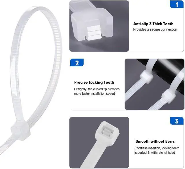 Alt view image 4 of 7 - Zip Ties 1200pcs Cable Zip Ties 8 Inch Heavy Duty White Plastic Wire Ties with 50lb Tensile Strength Self-Locking Nylon Cable Ties Wire Management for Indoor and Outdoor