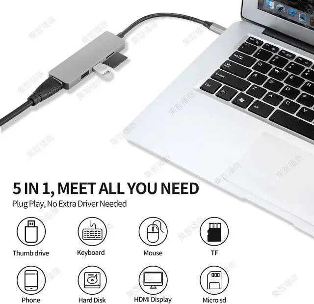Alt view image 5 of 7 - USB C Hub HDMI Adapter for MacBook Pro 2019/2018/2017, Longwwin 5 in 1 Dongle USB-C to HDMI, Sd/TF Card Reader and 2 Ports USB 3.0 ( Gray)