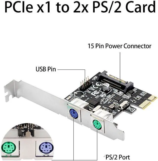 Alt view image 2 of 6 - IOCREST PCI Express 2 Ports PS2 PS/2 for PC Keyboard Mouse Adapter  Expansion Card with 4 Pin Power Connector