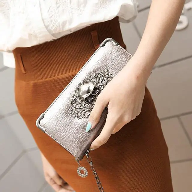 Alt view image 7 of 7 - Women's Wallet Korean Version Long Retro Punk Dice Wallet Skull Rain Dot Pattern Clutch Bag (Black)