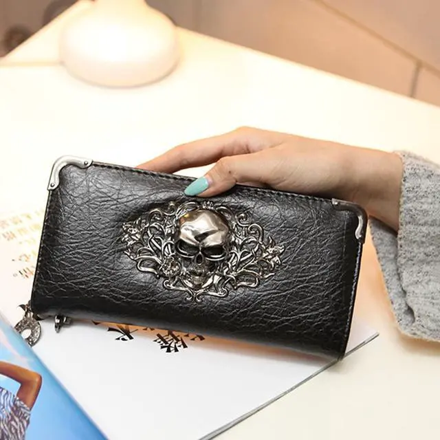 Alt view image 6 of 7 - Women's Wallet Korean Version Long Retro Punk Dice Wallet Skull Rain Dot Pattern Clutch Bag (Black)