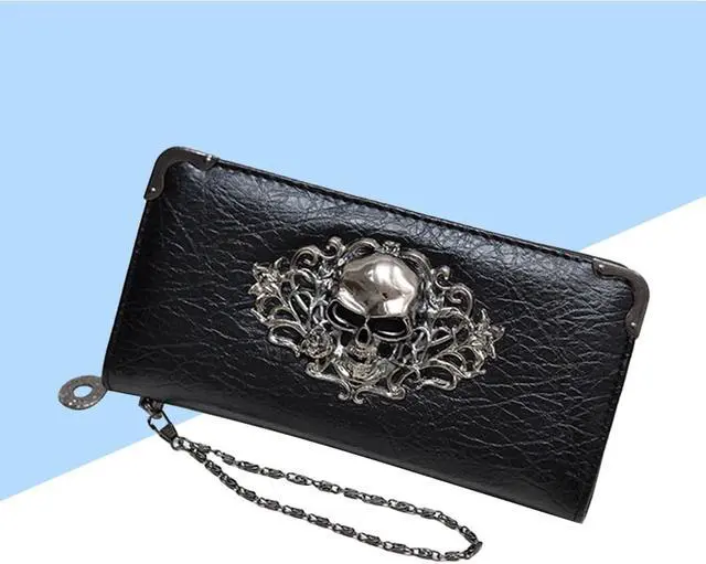 Alt view image 4 of 7 - Women's Wallet Korean Version Long Retro Punk Dice Wallet Skull Rain Dot Pattern Clutch Bag (Black)