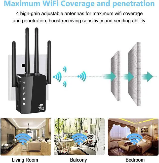 Alt view image 5 of 7 - WiFi Range Extender 1200Mbps, AC1200 Wireless Signal Repeater Booster 2.4 & 5.8GHz Dual Band 4 Antennas 360 Degree Full Coverage Support One Button Setup with Ethernet Port Easy Setup