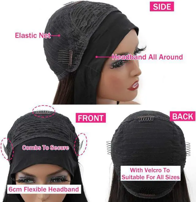 Alt view image 7 of 7 - Headband Wigs for Black Women Body Wave Human Hair Wigs Brazilian Virgin Hair None Lace Front Wigs Machine Made Wigs Headband Wig 150% Density (18" Headband Wigs)
