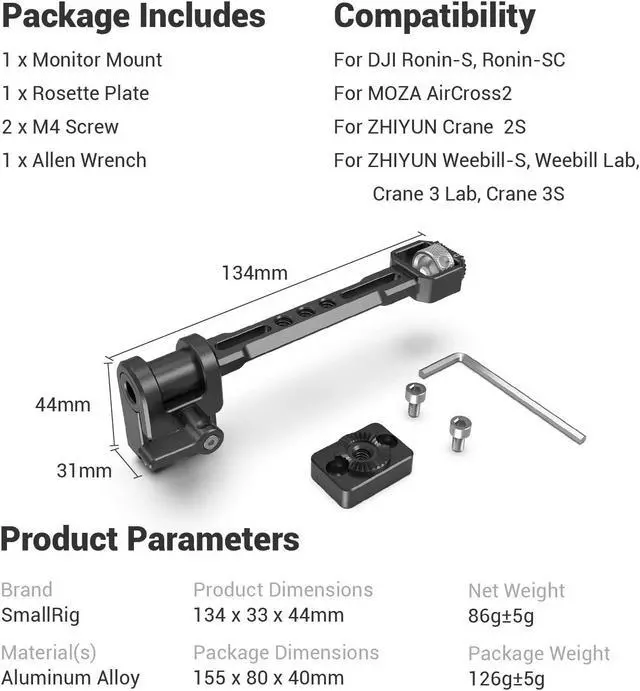 Alt view image 7 of 7 - SMALLRIG Adjustable Camera Monitor Mount for DJI Ronin-S/Ronin-Sc & ZHIYUN Crane 2S/Crane 3/3S/WEEBILL-S & MOZA Aircross 2 Gimbals - 2889