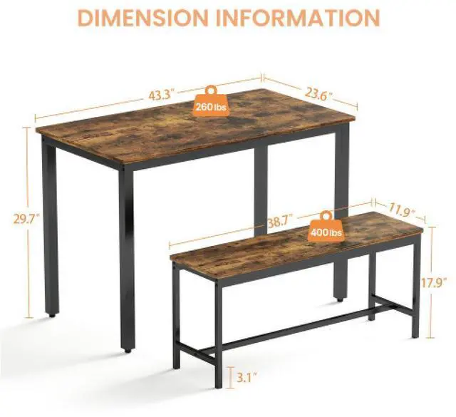 Alt view image 4 of 6 - Dining Table Set, Bar Table with 2 Dining Benches, Kitchen Table Counter with Chairs, Industrial for Kitchen Breakfast Table, Living Room, Party Room, Rustic Brown and Black,43.3L x23.6W x 29.9H