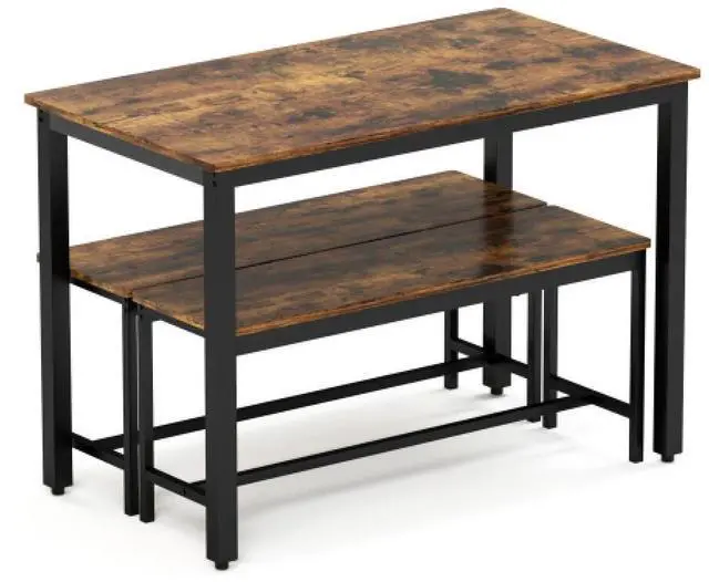 Alt view image 6 of 6 - Dining Table Set, Bar Table with 2 Dining Benches, Kitchen Table Counter with Chairs, Industrial for Kitchen Breakfast Table, Living Room, Party Room, Rustic Brown and Black,43.3L x23.6W x 29.9H