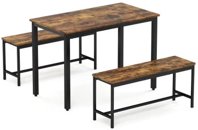 Alt view image 5 of 6 - Dining Table Set, Bar Table with 2 Dining Benches, Kitchen Table Counter with Chairs, Industrial for Kitchen Breakfast Table, Living Room, Party Room, Rustic Brown and Black,43.3L x23.6W x 29.9H