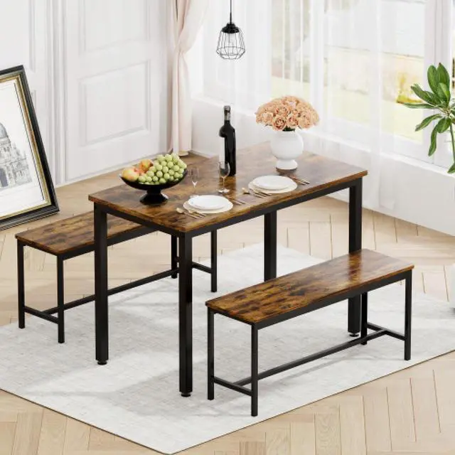 Alt view image 2 of 6 - Dining Table Set, Bar Table with 2 Dining Benches, Kitchen Table Counter with Chairs, Industrial for Kitchen Breakfast Table, Living Room, Party Room, Rustic Brown and Black,43.3L x23.6W x 29.9H