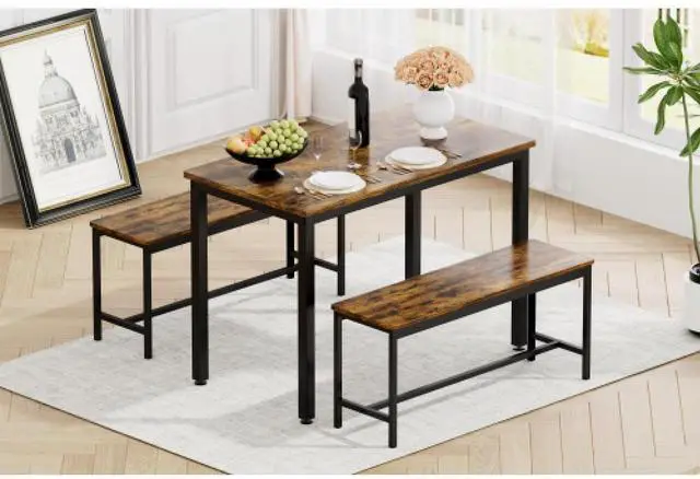 Alt view image 3 of 6 - Dining Table Set, Bar Table with 2 Dining Benches, Kitchen Table Counter with Chairs, Industrial for Kitchen Breakfast Table, Living Room, Party Room, Rustic Brown and Black,43.3L x23.6W x 29.9H