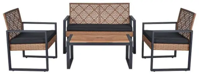 Main image of 4-Piece Patio Furniture Set Outdoor Balcony Porch Garden Backyard Lawn Furniture Acacia Wood Table Top, Morden Black and Light Brown