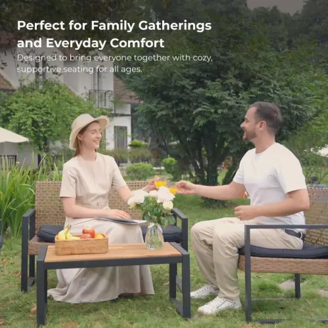 Alt view image 6 of 7 - 4-Piece Patio Furniture Set Outdoor Balcony Porch Garden Backyard Lawn Furniture Acacia Wood Table Top, Morden Black and Light Brown